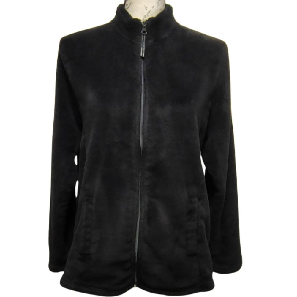 Womens Full Zip Black Fleece Jacket Medium Sherpa Cozy Winter Casual